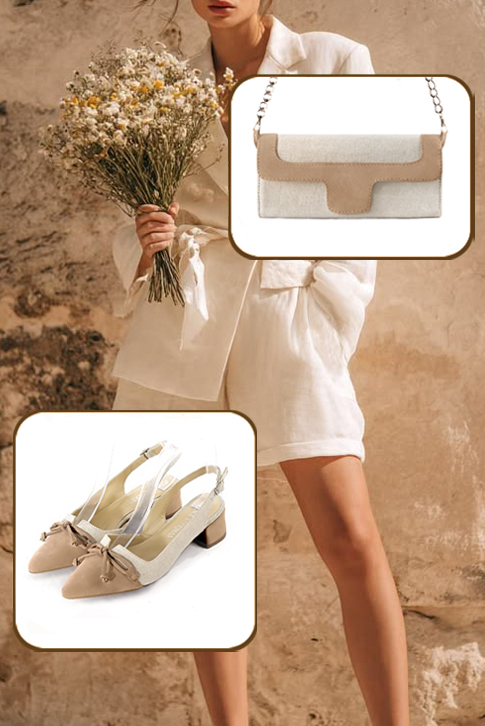 Women's biscuit beige and natural beige elegant slingback heels, with a bow on the front. Tapered toe. Low flare heels - Worn view